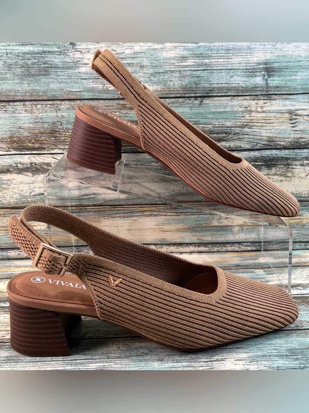 VIVIAI Slingback Pumps Size 6.5M Block Heel Square Toe Dress Shoes Brown Knit